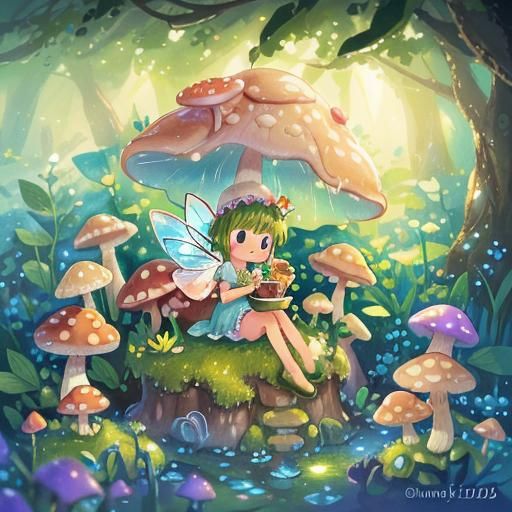 Mushroom Fairy in Dewdrop Morning Light