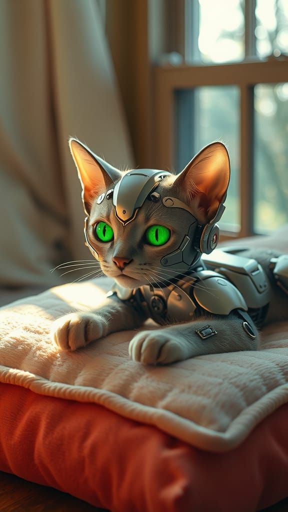 Emerald-Eyed Cyborg Kitten in Whimsical Dark Fantasy Style