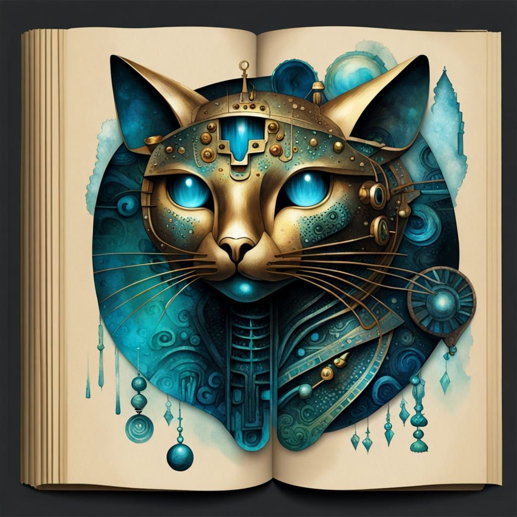 Steampunk Robot Cat Submarine in Deep Ocean