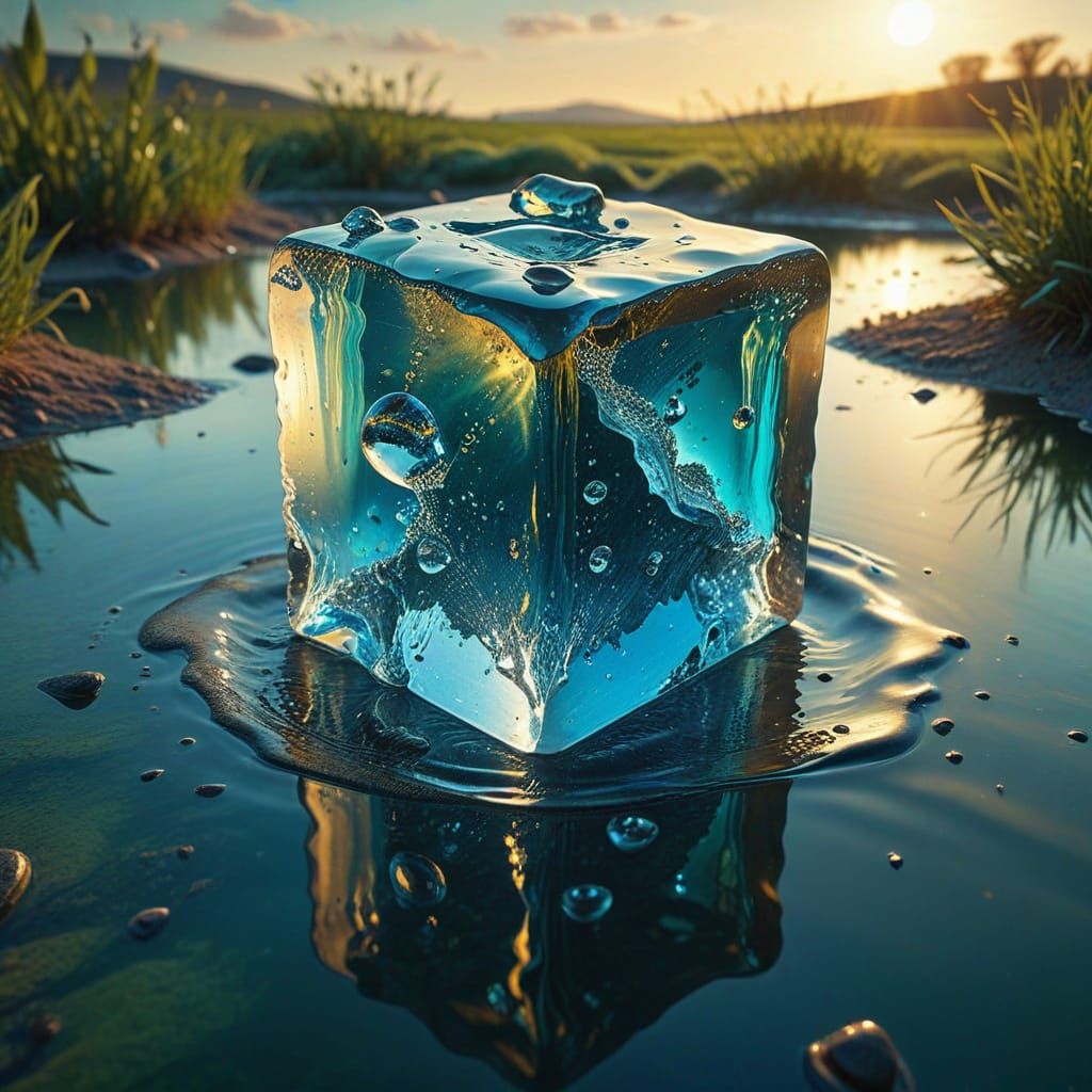Giant Ice Cube Plunges Into Pond: Hypersurreal Landscape