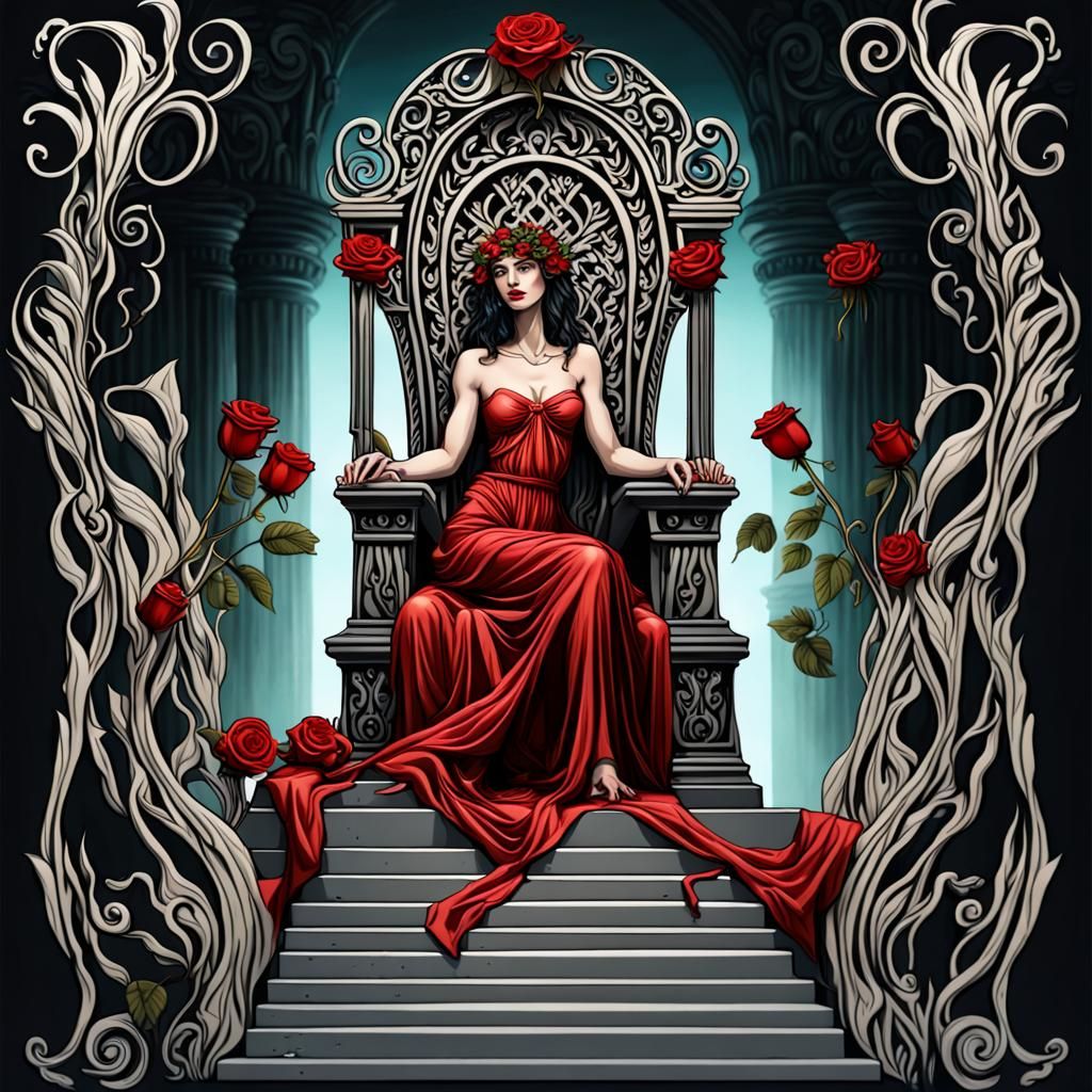 Persephone on Underworld Throne with Rose