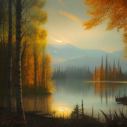 Gothic Autumn Cottagecore Lake Scene in Vibrant Golden Hues