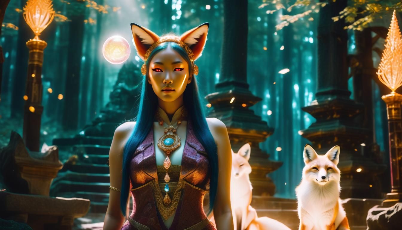 Kitsune High Priestess in Enchanted Forest, Anime Art