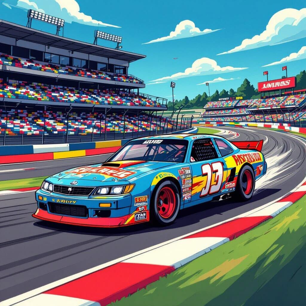 Retro Cartoon Stock Car Racing in 90s Style