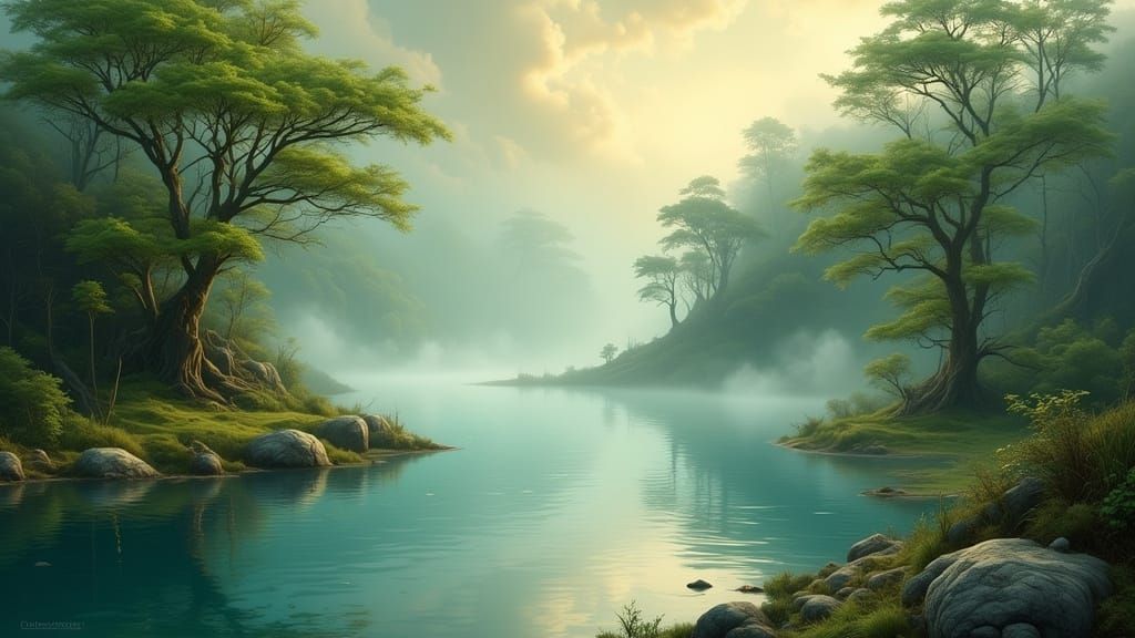 Serene Misty Lake Landscape in Whimsical Romantic Style