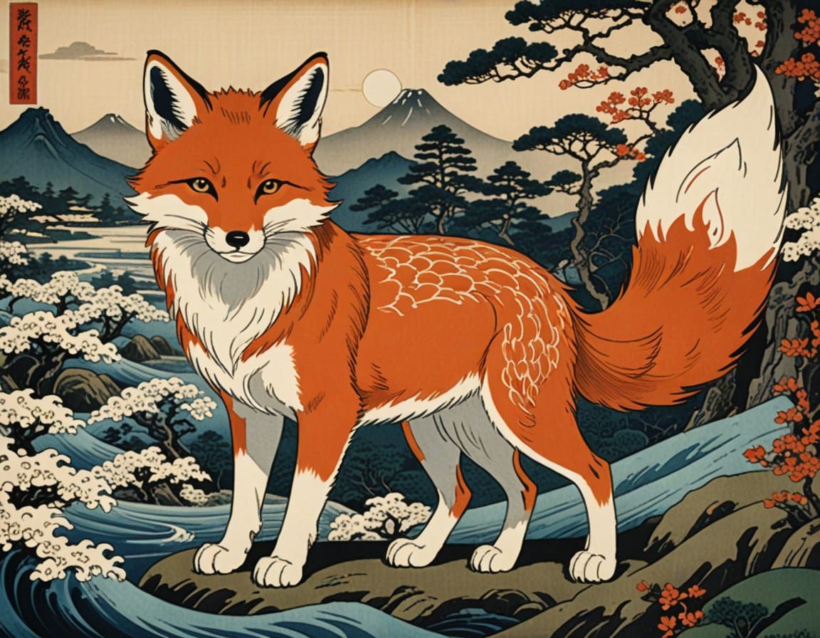 Nine-Tailed Fox in Ukiyo-e Style Painting