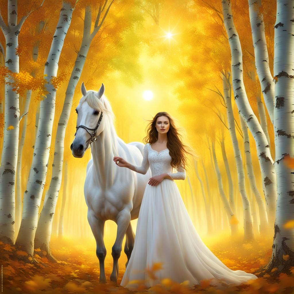 Bride with Arabian Horse in Autumn Aurora