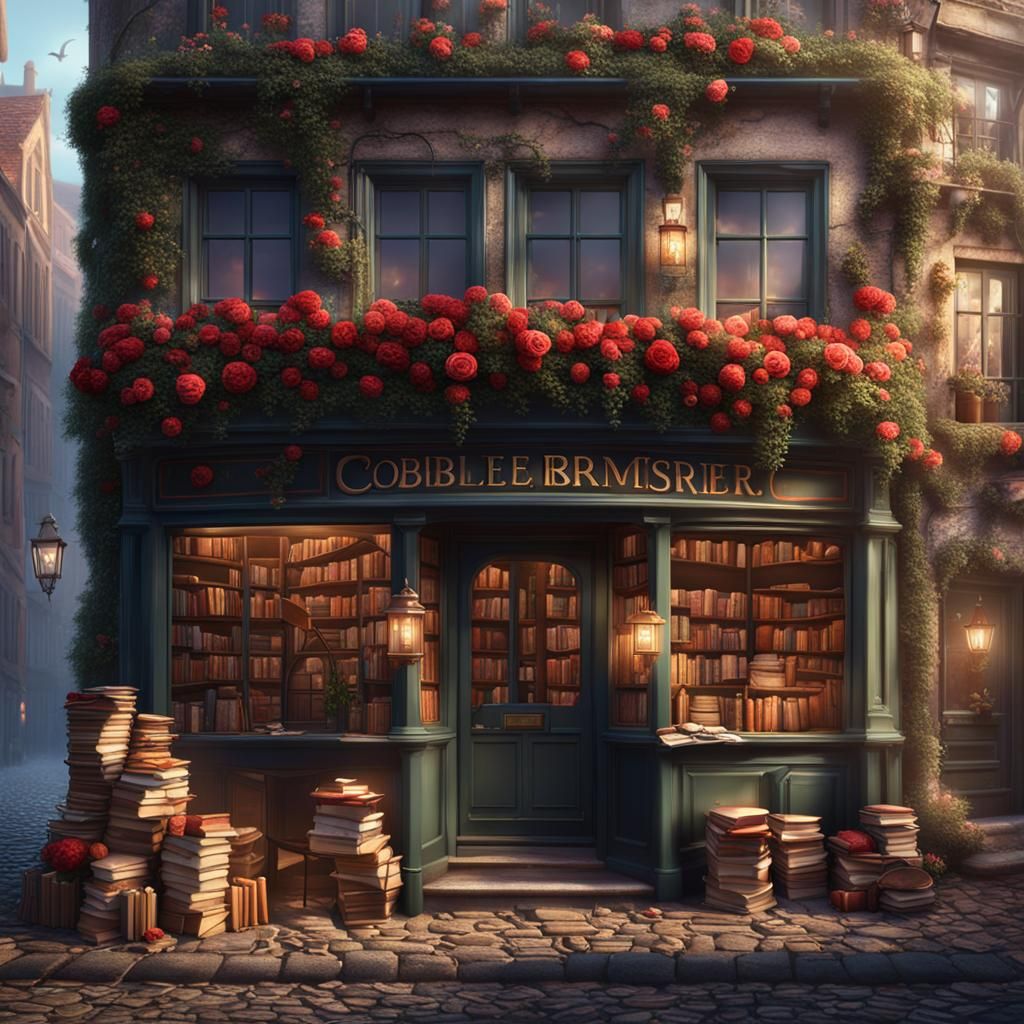 Charming Bookshop Interior with Roses, Detailed Digital Art