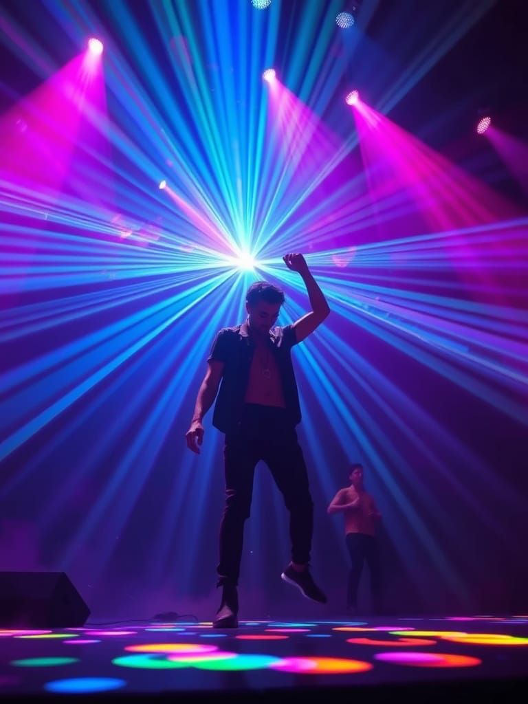 Vibrant Performer on Stage with Mesmerizing Light Beams