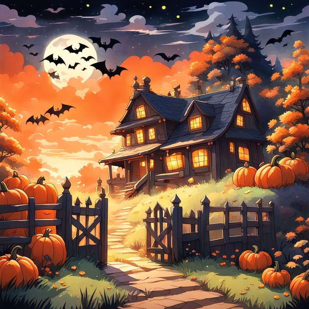 Spooky Halloween Cabin Under Moonlight, Ghibli Style