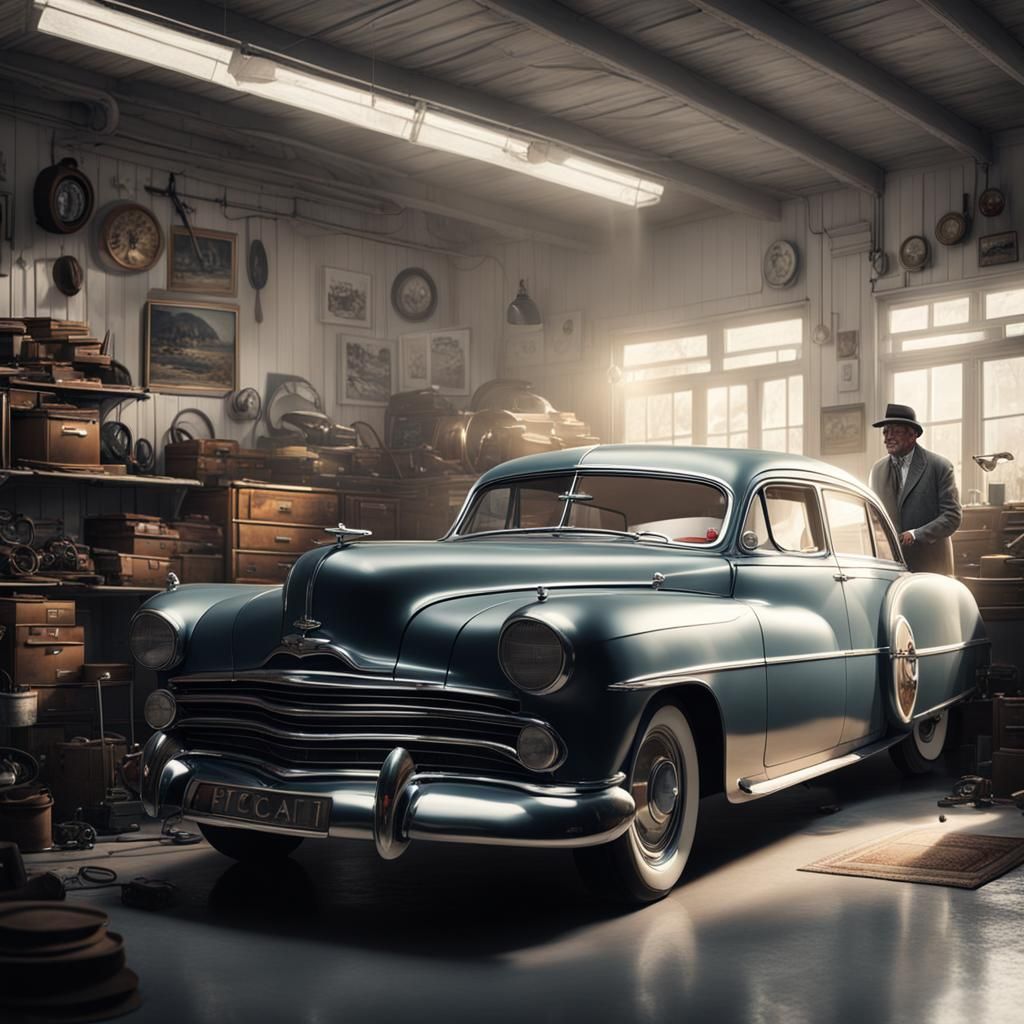 Vintage Car Collector in White Garage: Digital Matte Paintin...