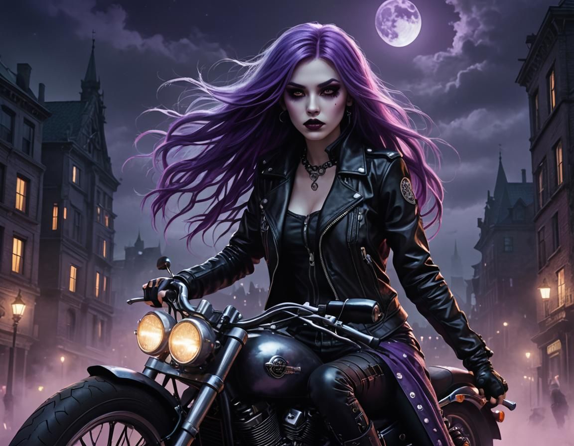 Gothic Punk Lady Rides Motorcycle in Misty City