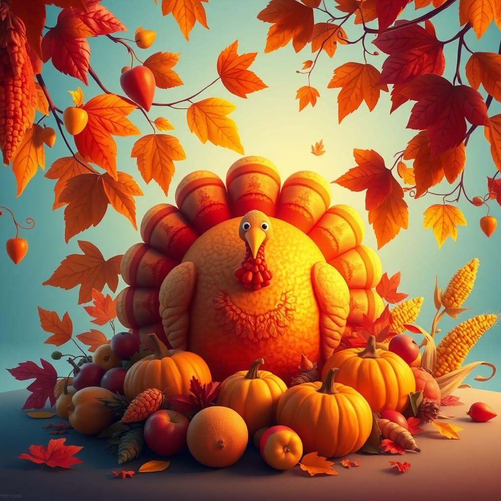 Whimsical Thanksgiving Scene in Atmospheric Digital Art