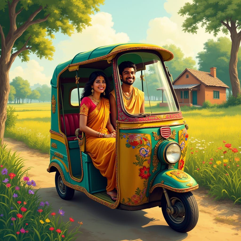 Traditional Indian Couple in Colorful Auto Rickshaw