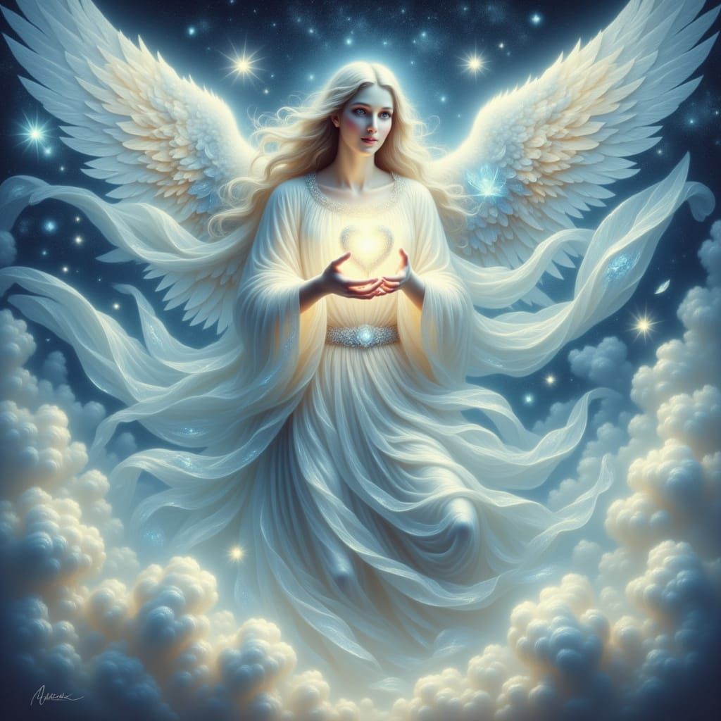 Angelic Figure Holding Heart-Shaped Crystal