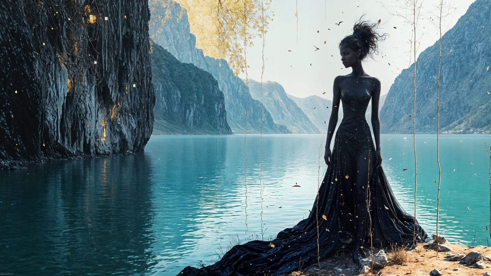 Cyborg Goddess in Midnight Robes, Beside Azure Lake