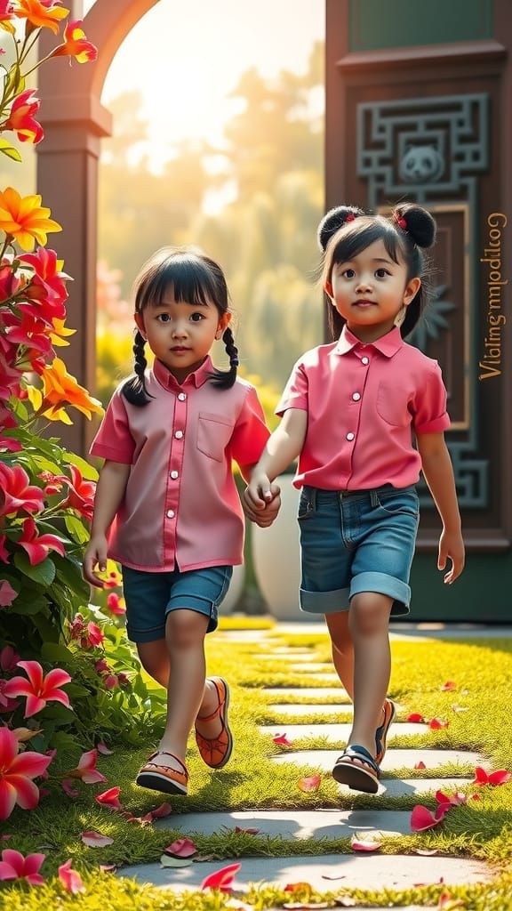 Delicate Asian Girl with Panda in Vibrant Flower Garden