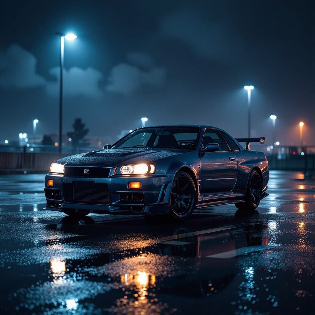 Rain-soaked Skyline GTR in Cinematic Lighting