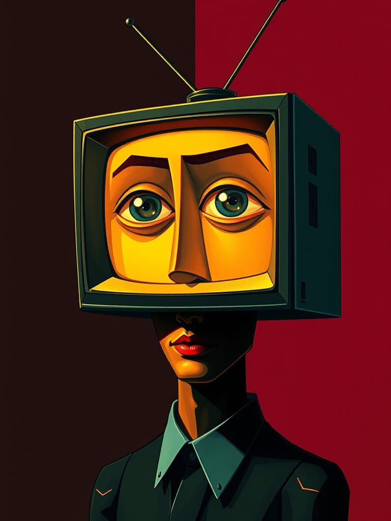 Cubist Figure Contemplates the Viewer with Detached Curiosit...