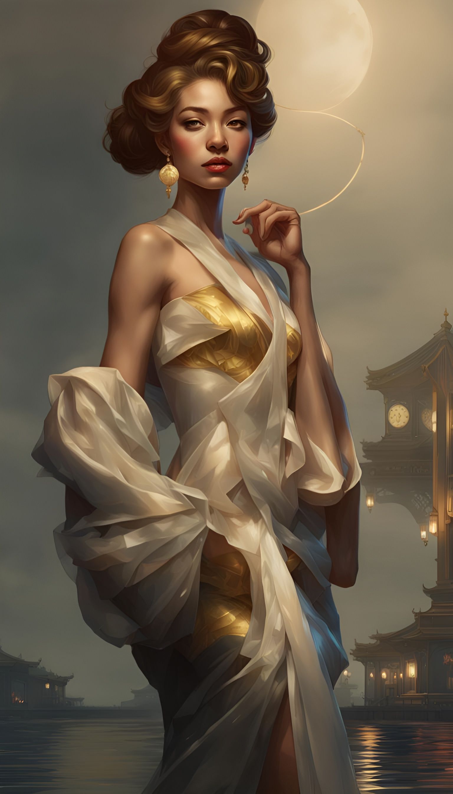 Elegant Woman at Midnight Ball, Art Nouveau Portrait