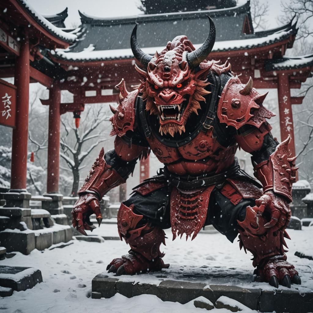Cinematic Red Oni in Snowy Temple