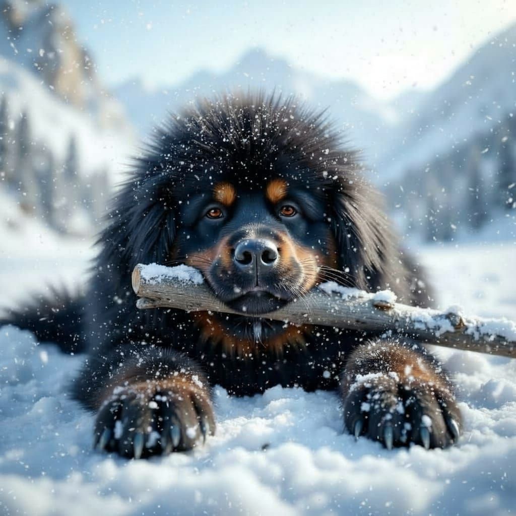 Tibetan Mastiff Plays in Snow with Stick