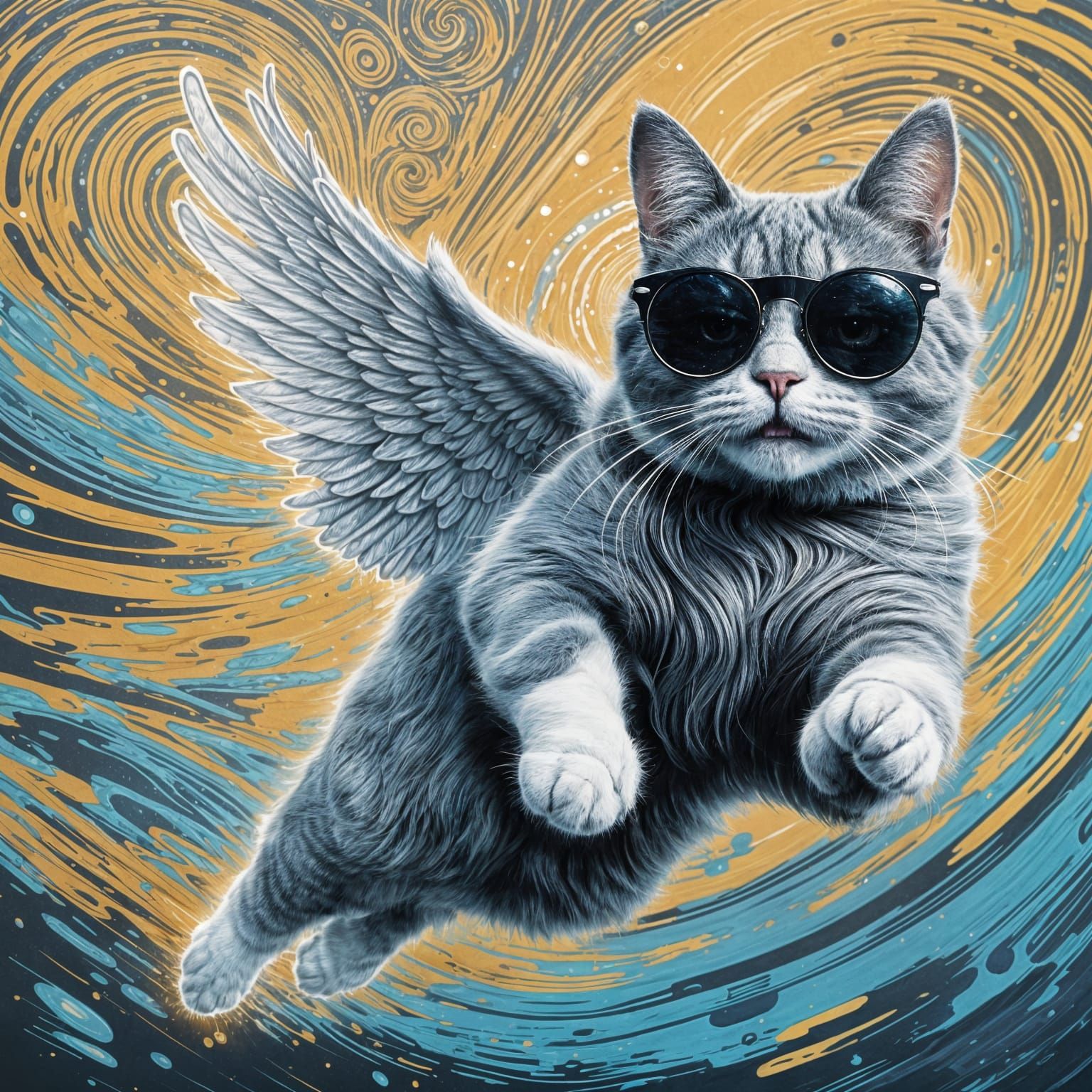 Winged Cat in Sunglasses Leaping in Psychedelic Sky