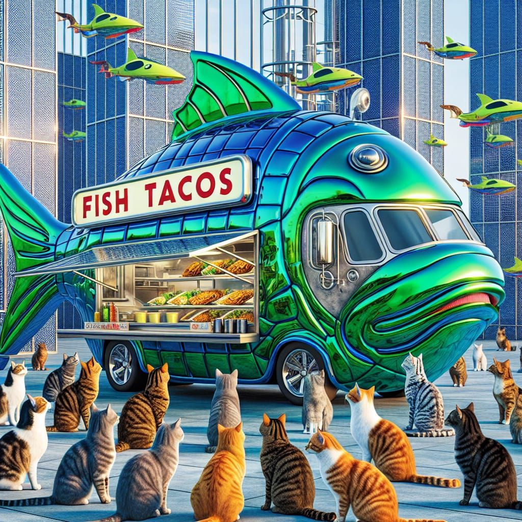 Cats Await Fish Tacos in Futuristic City