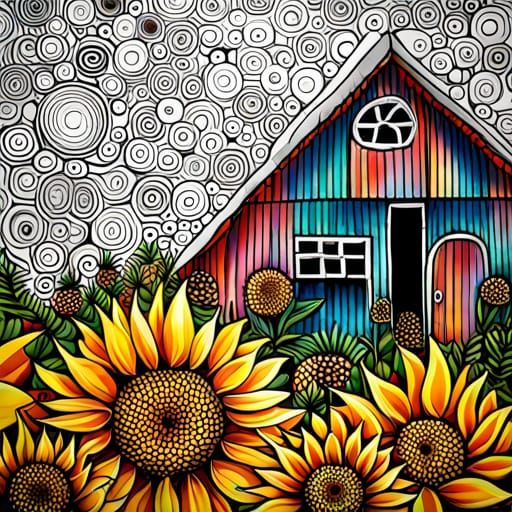 Indonesian Barn Surrounded by Fantasy Sunflowers