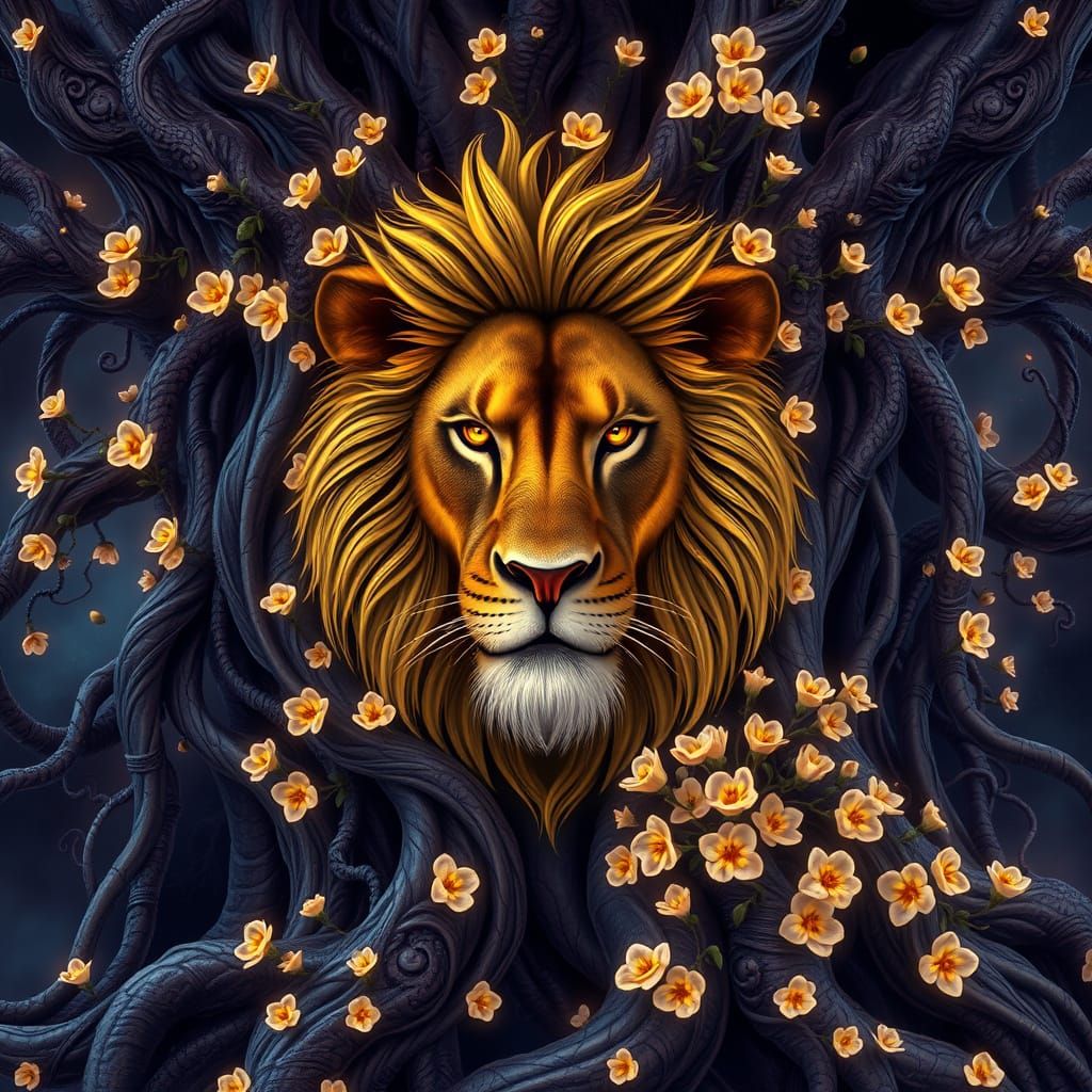 A stylized lion face emerges from a large tree trunk, encirc...