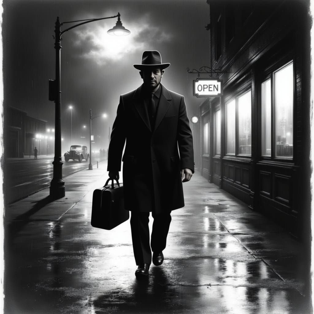 1930s Noir Detective Walks Wet Street at Night