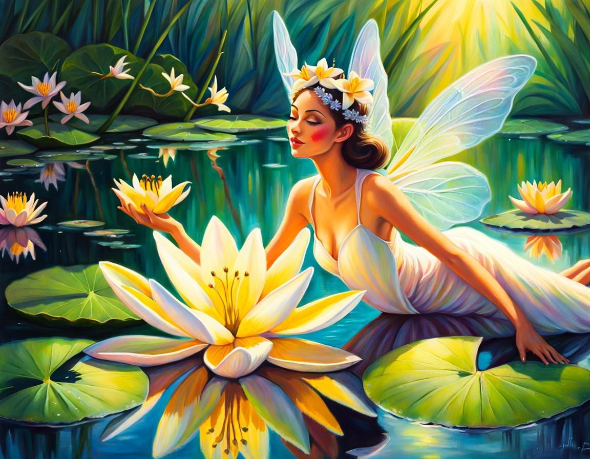 Frangipani fairy on the lily pond