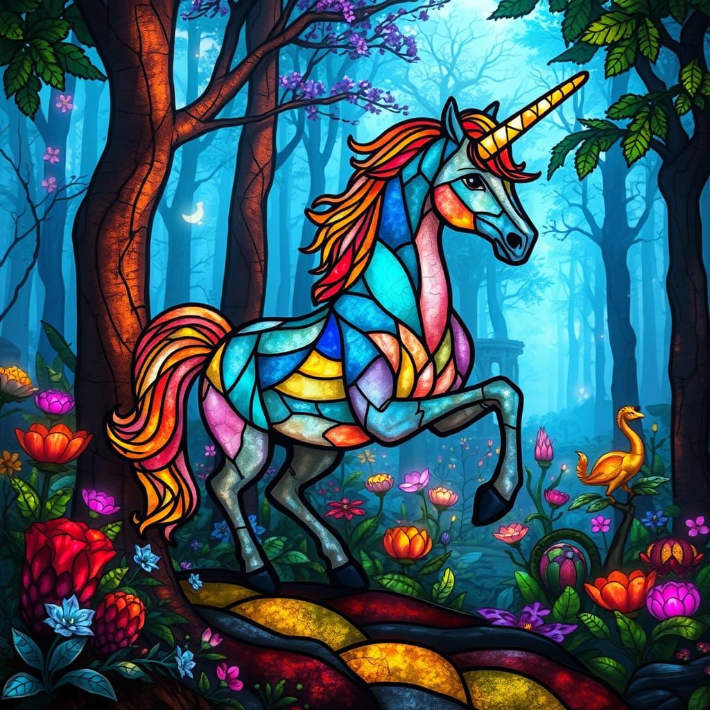 Stained Glass Unicorn in Mystical Forest