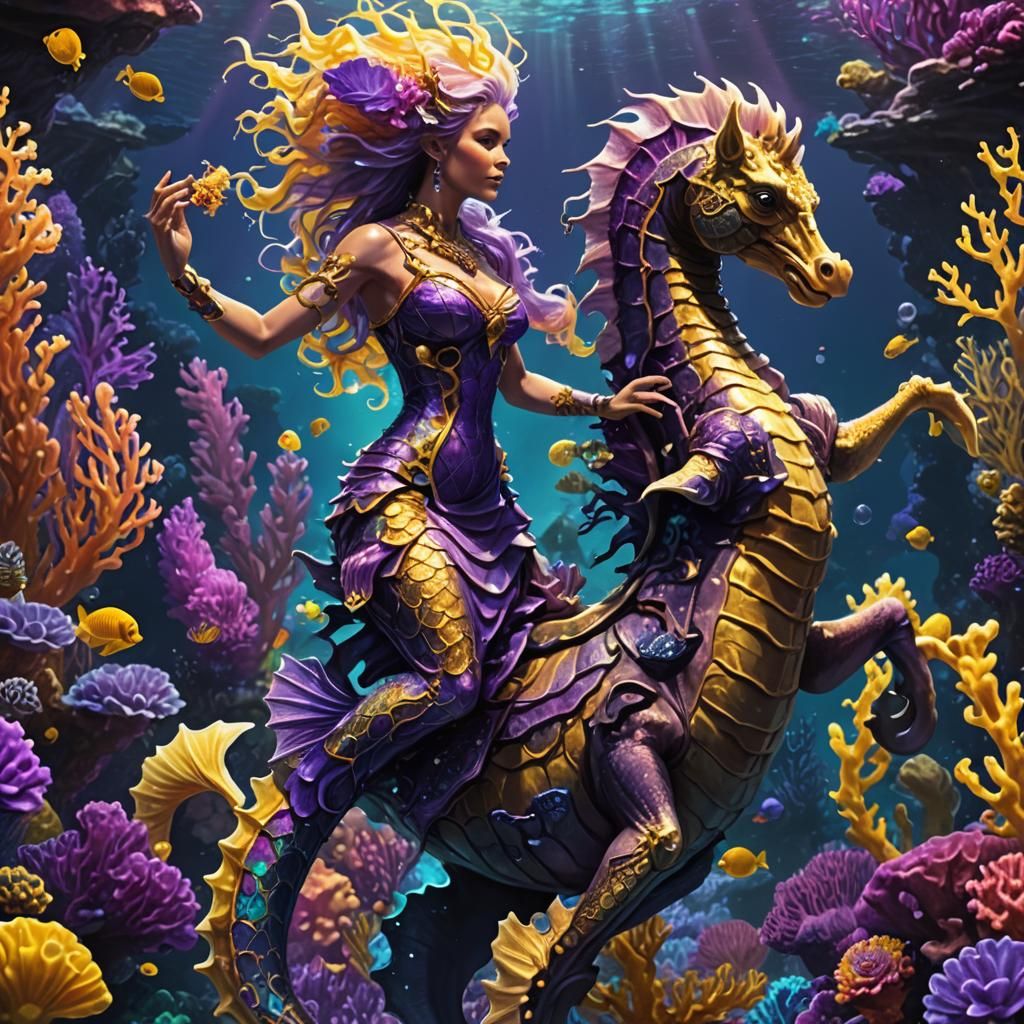 Mermaid Jockey Rides Bioluminescent Seahorse in Dark Fantasy...