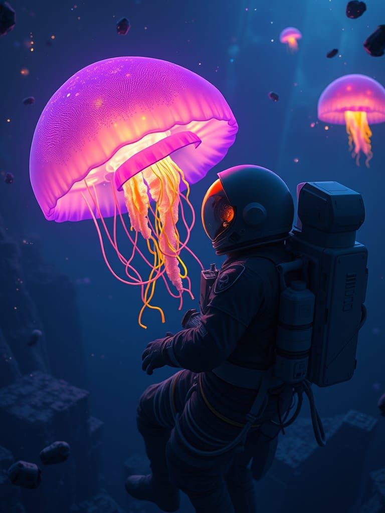 Astronaut Observes Bioluminescent Jellyfish in Alien Ocean