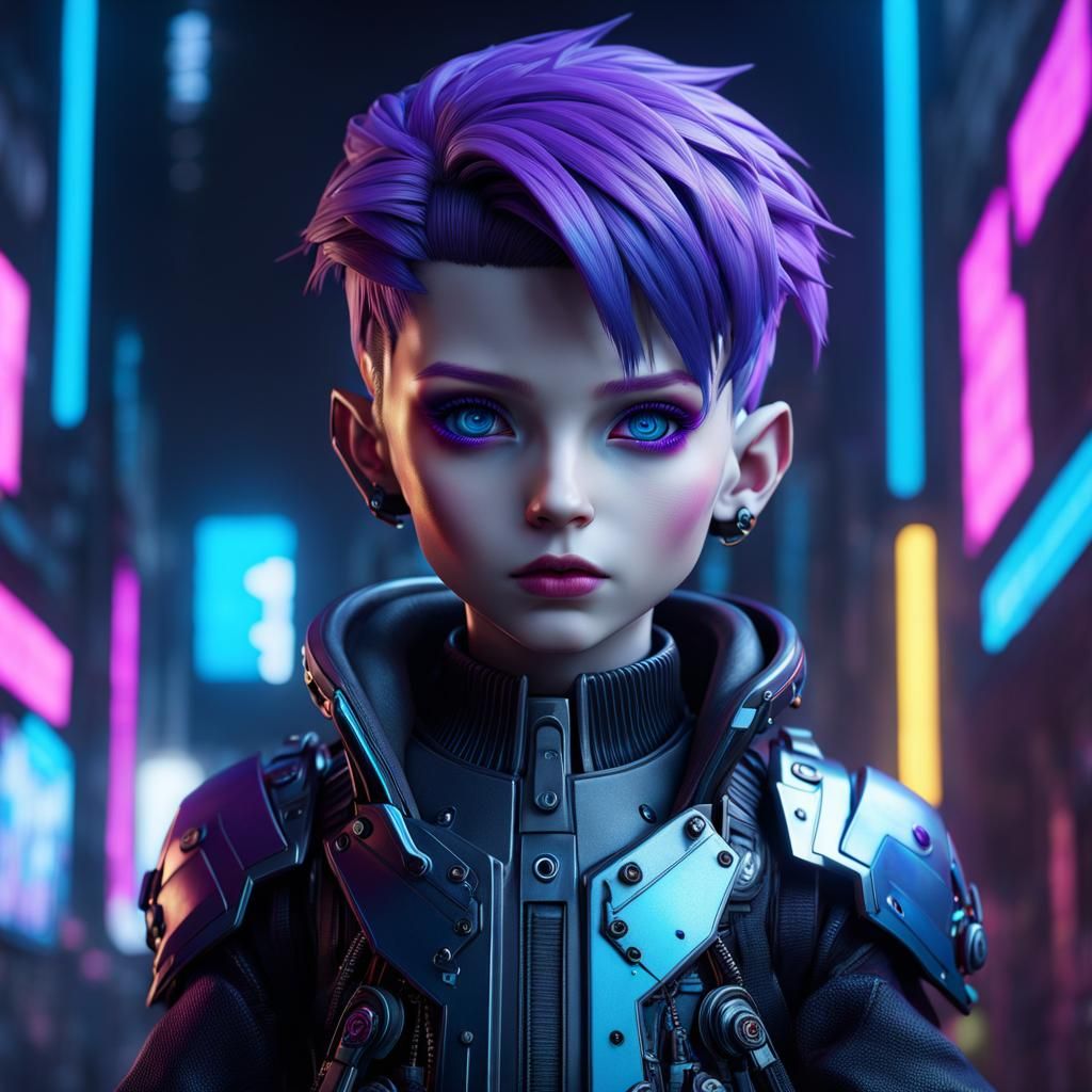 Cyberpunk Porcelain Doll with Purple Hair