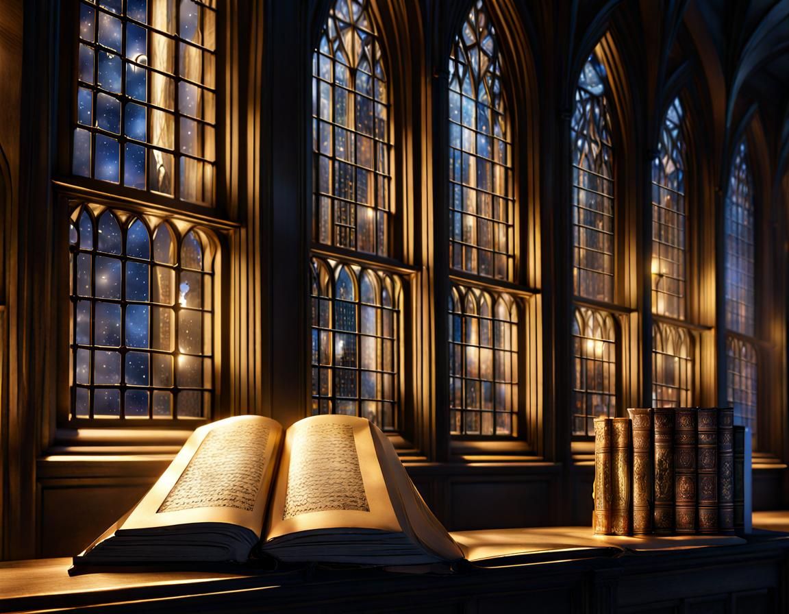 Magical Hogwarts Library at Night in Moonlight