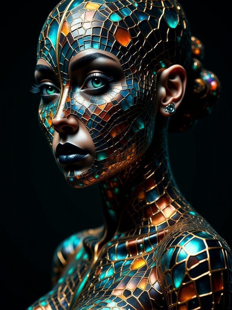 Woman with Mosaic Spiderweb Texture in Dramatic Lighting