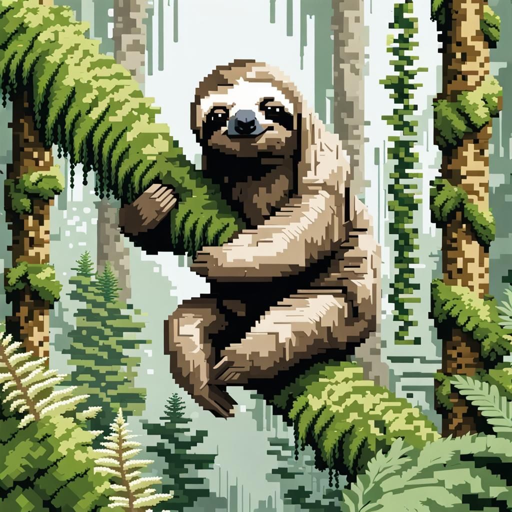 Pixelated Sloth in Jungle Scene