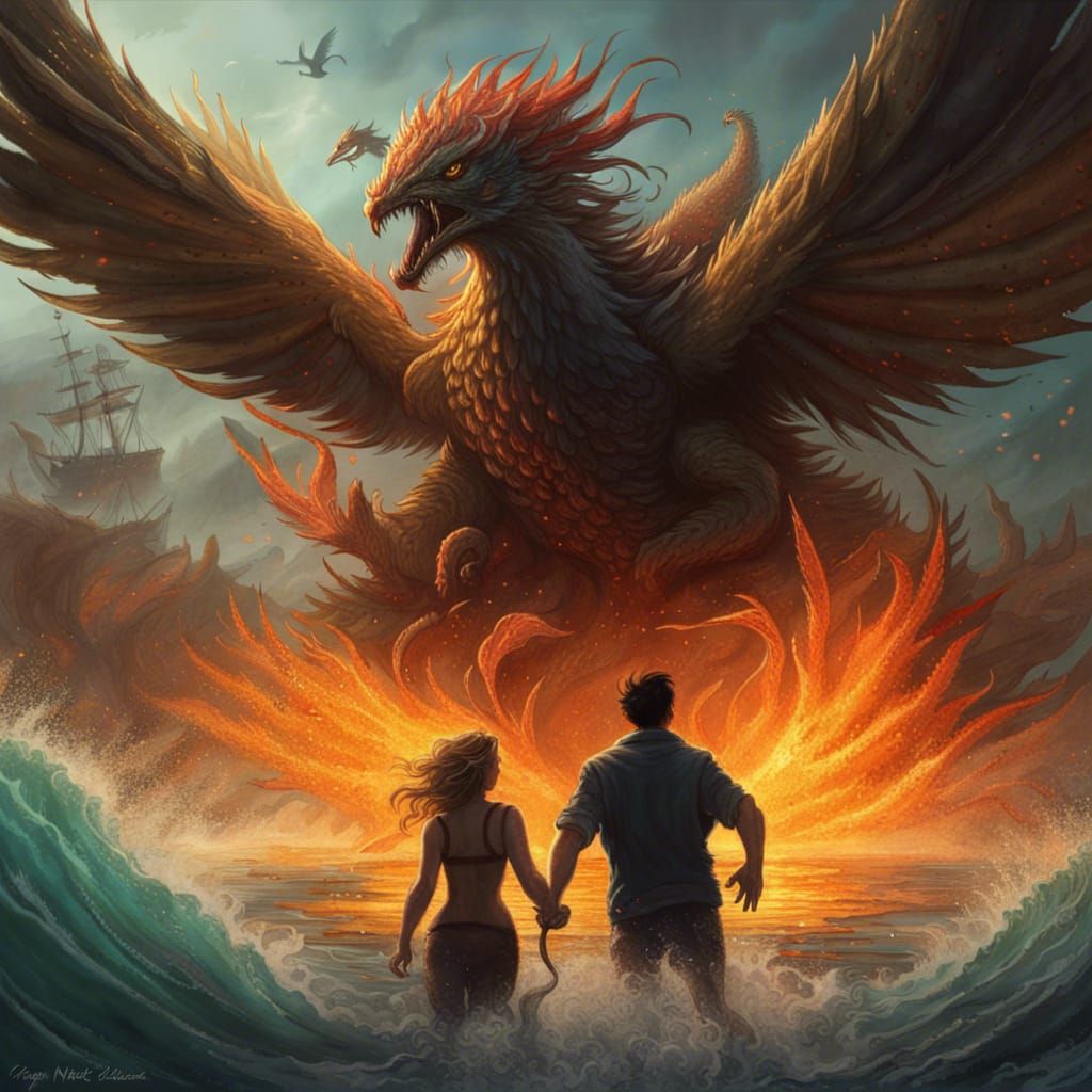 Phoenix Birds Attack Sea Monster: Dark Fantasy Art