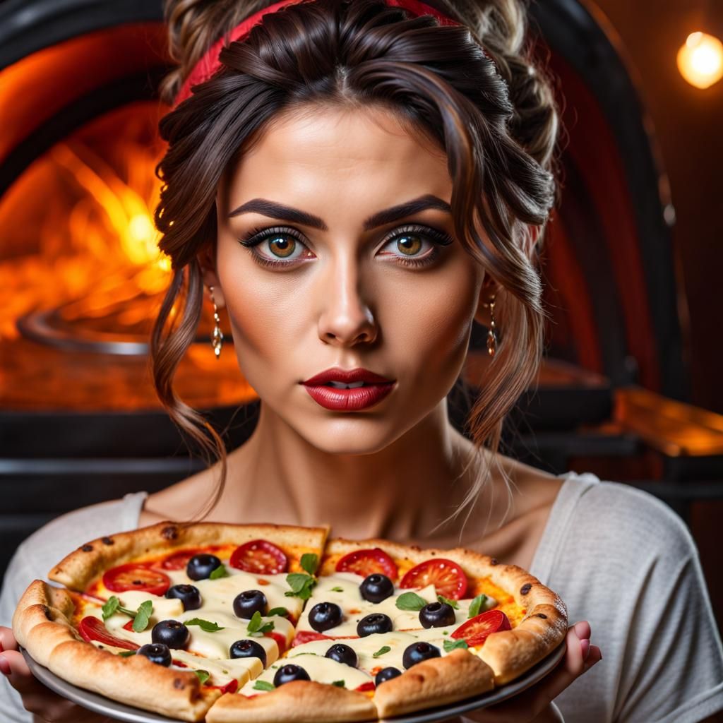 Italian Woman Delivers Pizza in Rome: Photorealistic Portrai...