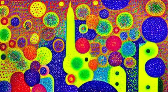 Pointillist Cityscape of a Modern Metropolis in Electric Col...