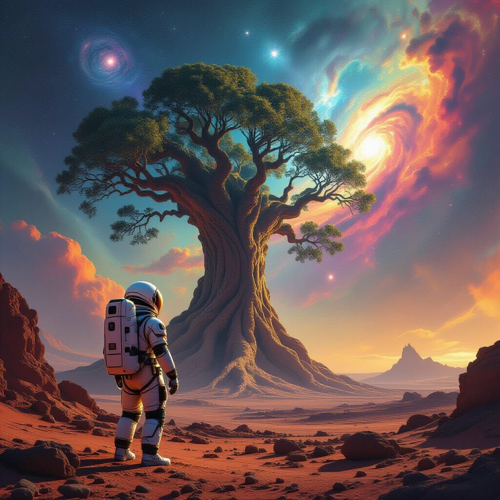 Astronaut and Pulsing Tree on Alien Planet