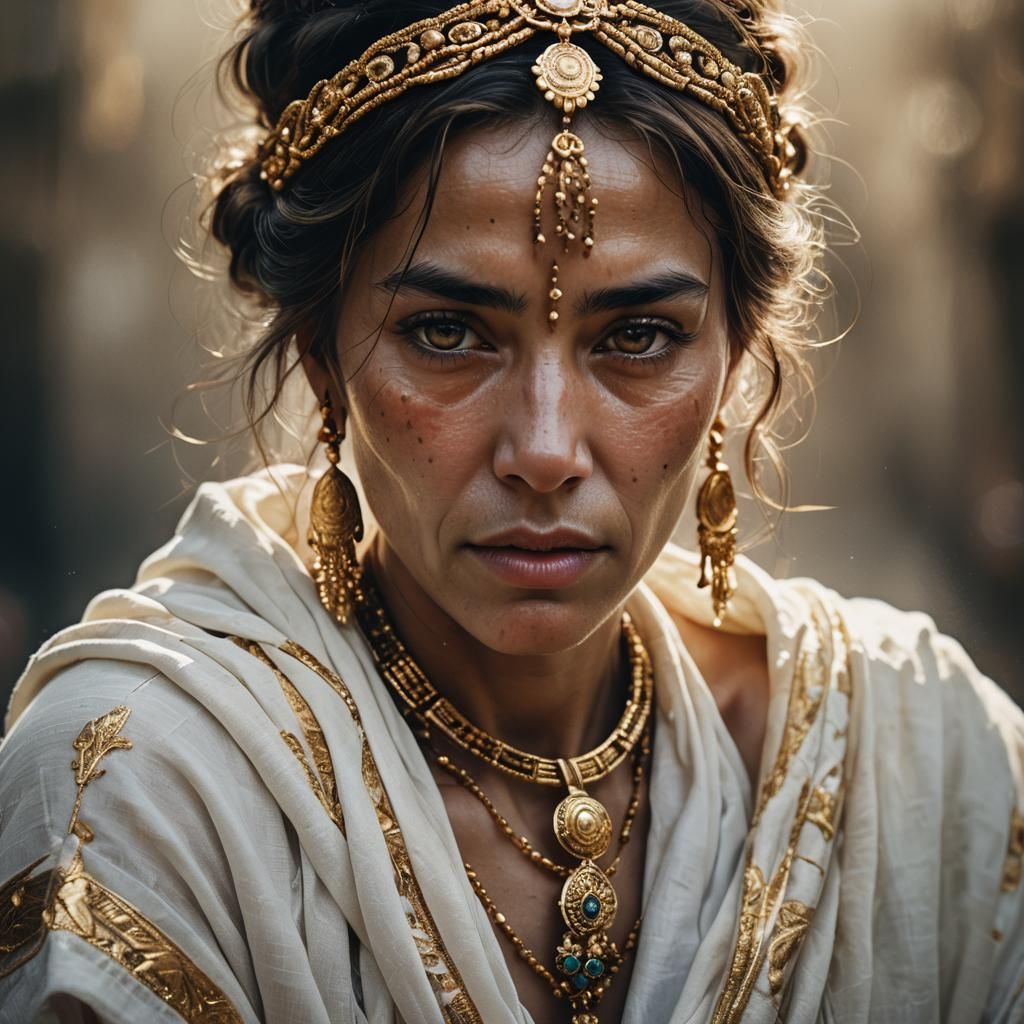 Ancient Beauty in Golden Jewelry: Hyperrealistic Portrait