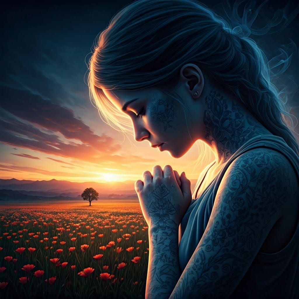 Girl in Prayer: Double Exposure Landscape in Digital Art