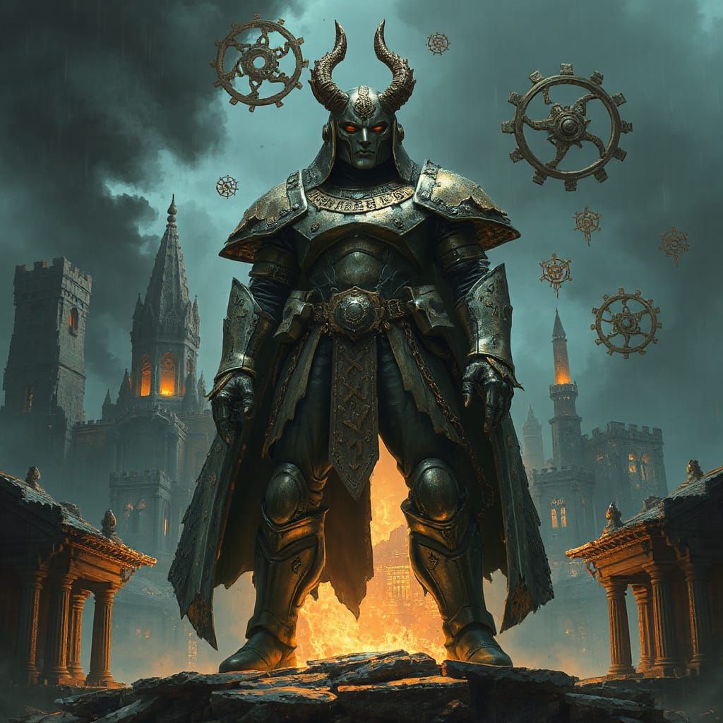 Cyberpunk Guardian at Crumbling Temple Ruins