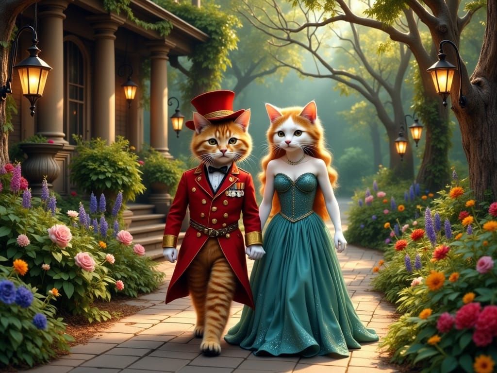 Dashing Orange Tabby Cat Strolls with Elegant White Cat in W...