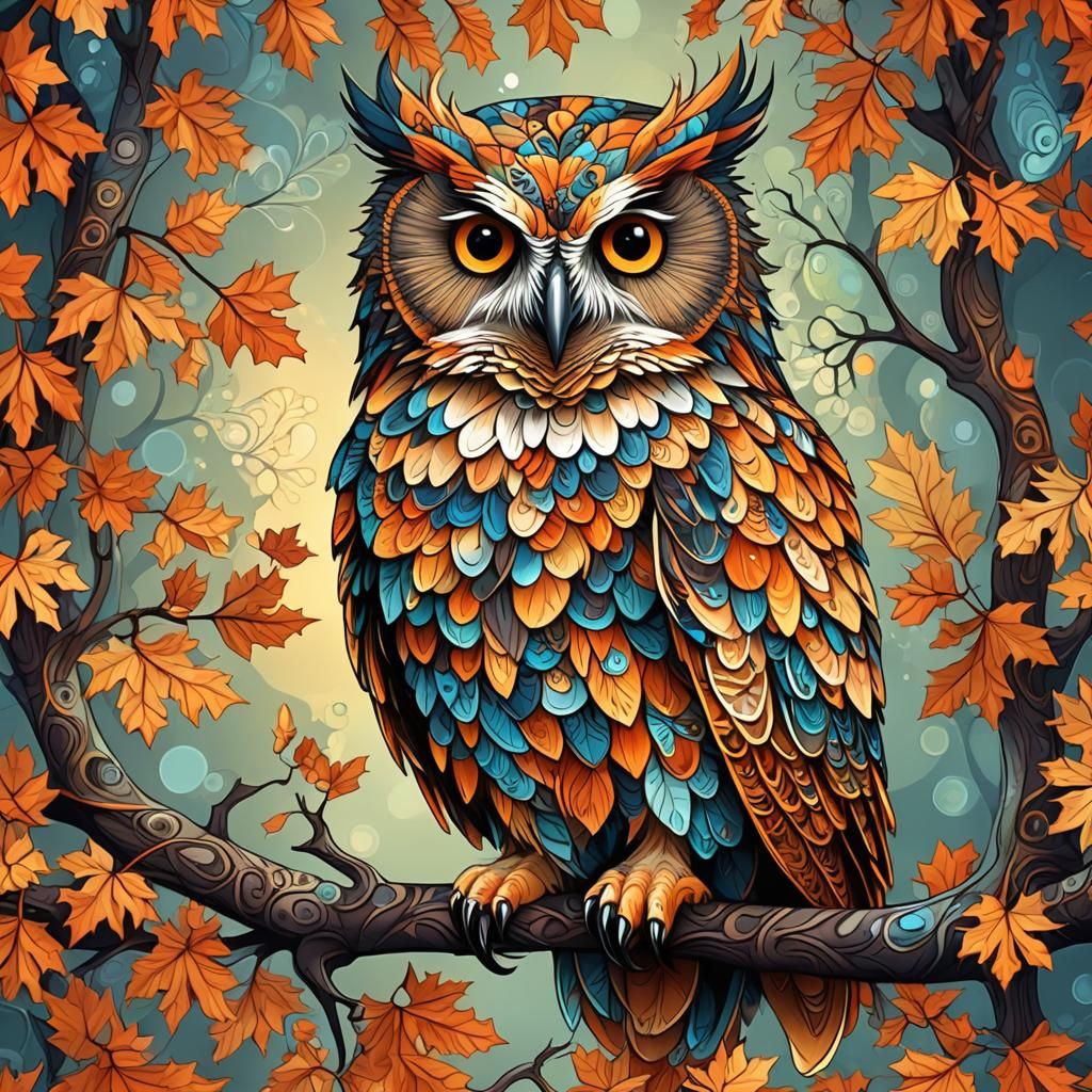 Colorful Fractal Owl on Autumn Branch