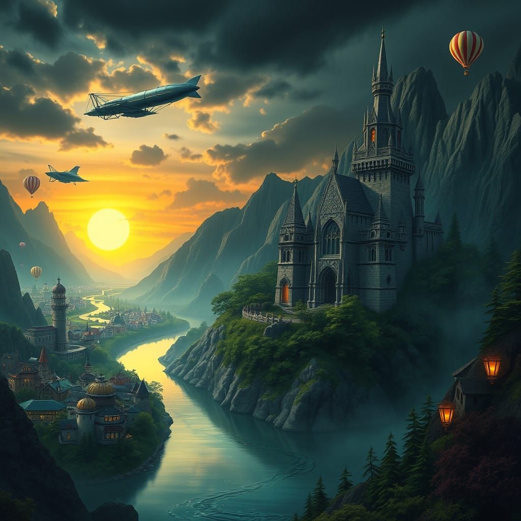 Ethereal Fantasy Realm Unfolds at Sunset