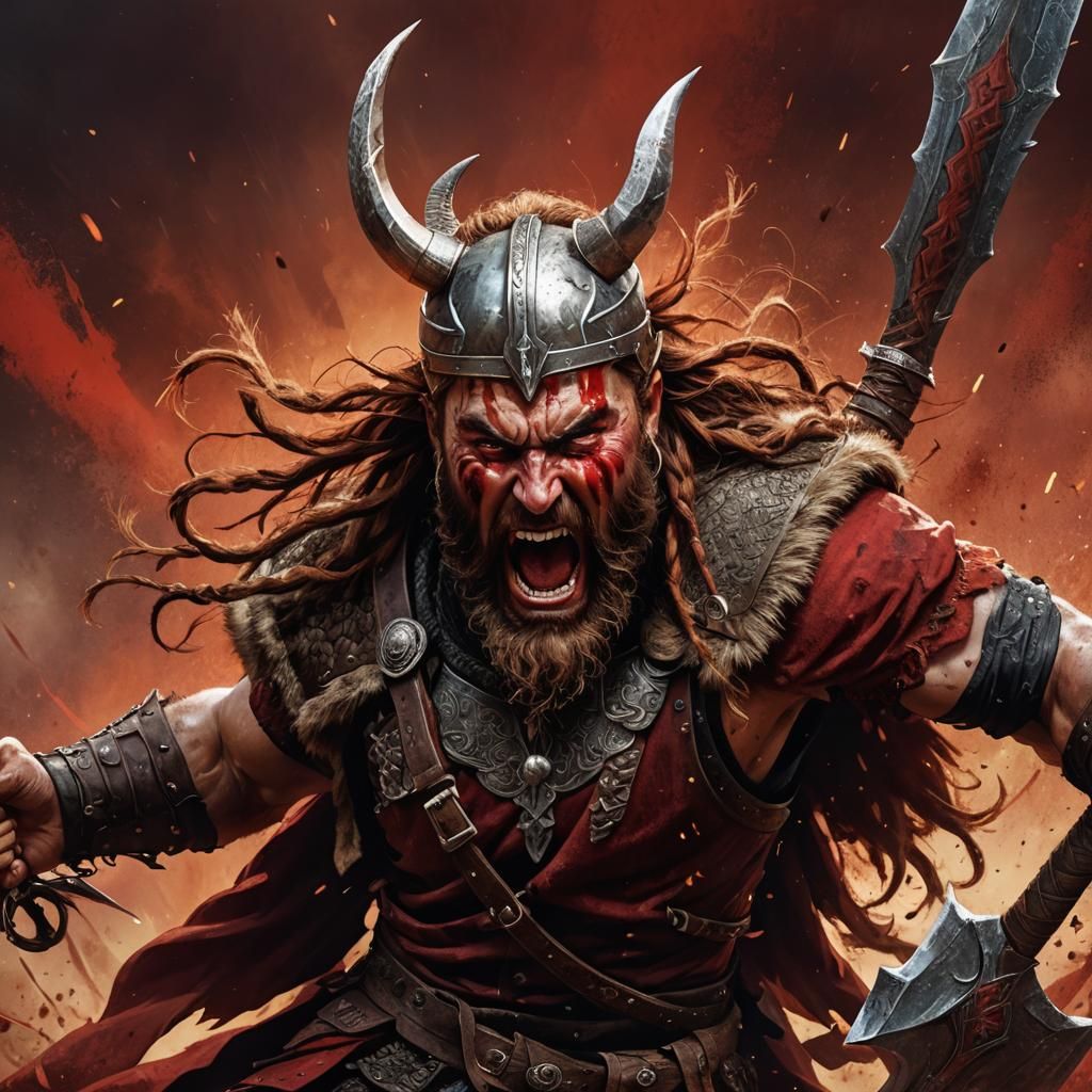 Fierce Viking Warrior Rushing into Battle